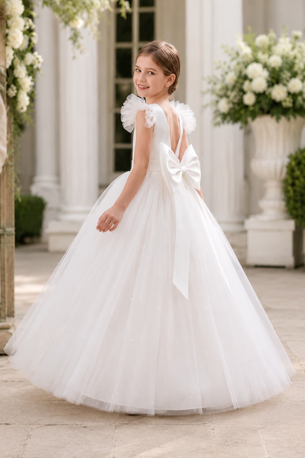 Tulle Flutter Cap Sleeves Big Bow Floor Length Flower Girl Dresses 907809929481 - 7 Days / White / 130cm - COCOMELODY